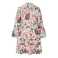 Лопеција-Ста Лабава Фитинг Фустан Цветни Печатење Фустани За Жени Краток Ракав V Вратот Портокал-XL