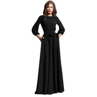 вендунид фустани за жени жени летен секојдневен фустан за забави фенер ракав цврсти долги фустани со црн појас