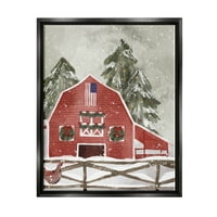 Sumbell Industries Americana Barn Holiday Snow сцена графичка уметност jet Black Flored Framed Canvas Print Wall Art, Design