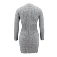 Женска Нова Шема Плетен Џемпер Со Долги Ракави Со О-Врат Со Еднобоен Врвен Фустан Сива XL