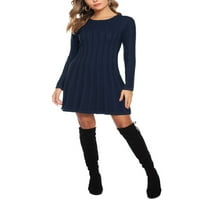 Фустан од џемпер за жени тенок фит кабел со долг ракав плетени фустани, s-2xl