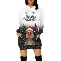 Женска Мода Божиќни Печатени Џебови Дуксери Со Долги Ракави Фустан Со Пуловер