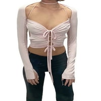 Жените Чипка Врвот Поставува Халтер Тенкови Блузи +Долги ракави кревање раменици Без Грб Шупливи Слаби Улична Облека