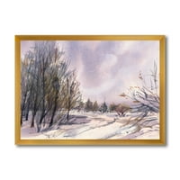 DesignArt 'Виолетова снежни тонови со зимски пејзаж' Традиционален врамен уметнички принт