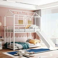 Аукфа близнак над двоен метал куќа кревет кревет со полици за слајд и складирање, детска метална рамка куќа подот во спална