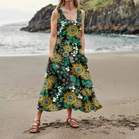 Жените Печатени V-Вратот Сонцето Фустан Должина Глуждот Мода Лето Ракави Фустан Зелена 2xl