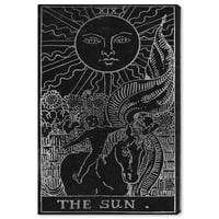 Астрономија на пистата астрономија и вселенска wallидна уметност платно го отпечати „Сонцето тарот сребро“ - црно, сиво