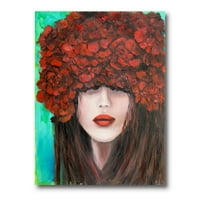 DesignArt „Портрет на млада дама со модерно печатење на wallидови на црвени цвеќиња“
