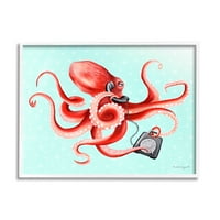 Stupell Industries Red Ombre Octopus Ptencles Retro Rotary Thepter Graphic Art White Rramed Art Print Wall Art, Design by Amelie